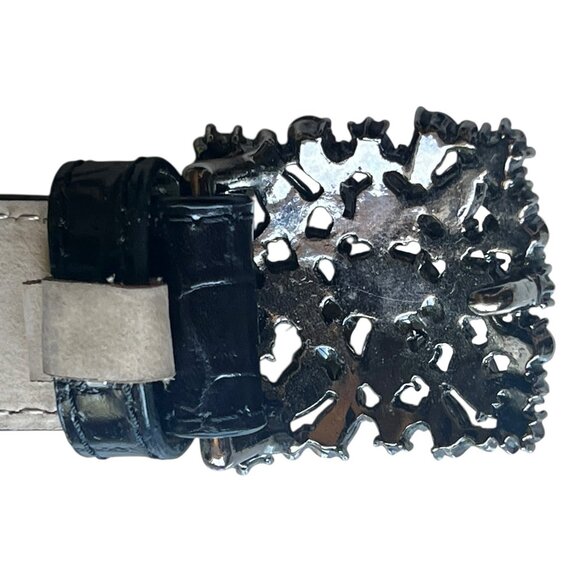 Talbots Black Embossed Leather Belt Faceted Gemstone Style Buckle 30” - 34” GUC - Picture 4 of 11